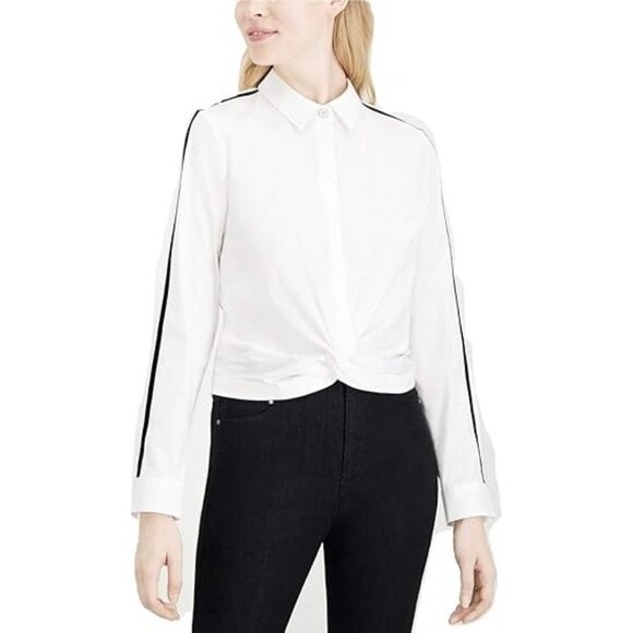 Maison Jules Women's Button Down Blouse Twisted Velvet-Trim Shirt White SZ Large - Picture 1 of 3
